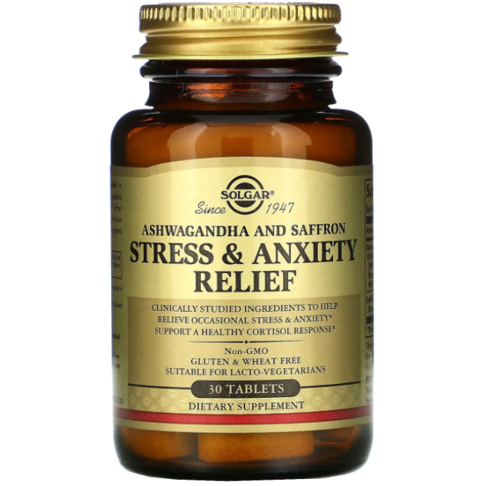 Solgar Stress & Anxiety Relief Ashwagandha And Saffron (Солгар Ашваганда і Шафран для зняття стресу та тривоги), 30 таблеток