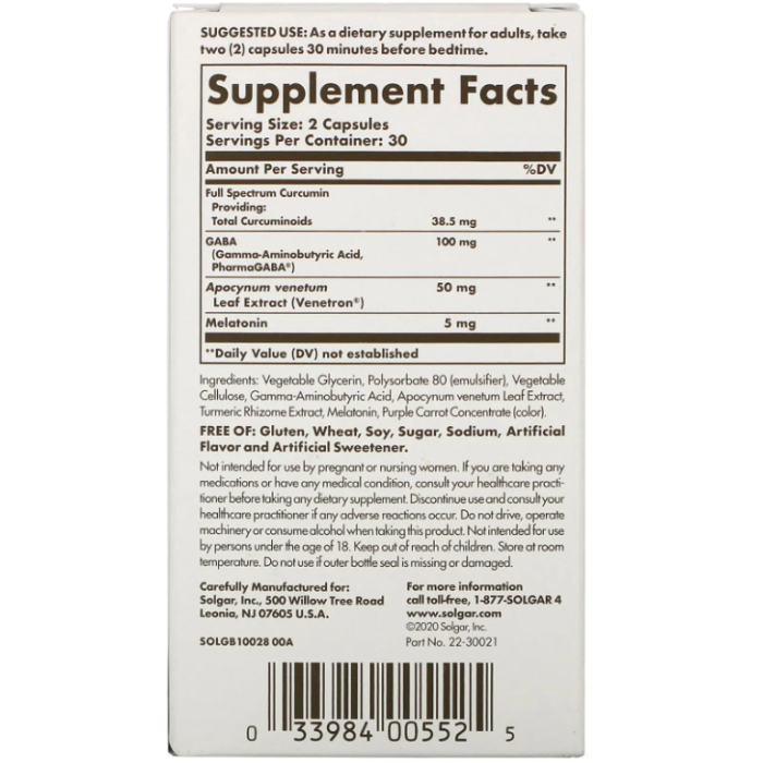 Solgar Full Spectrum Curcumin Sleep Ease (Солгар Куркумін повного спектра для сну), 60 капсул