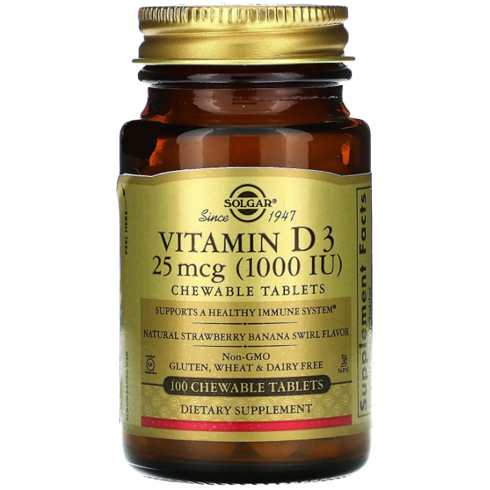 Solgar Vitamin D3 Natural Strawberry And Banana Flavor(Солгар Витамин Д3 1000 МЕ), 100 жевательных таблеток