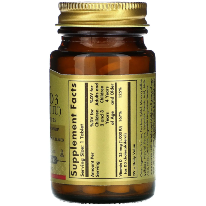 Solgar Vitamin D3 Natural Strawberry And Banana Flavor(Солгар Витамин Д3 1000 МЕ), 100 жевательных таблеток
