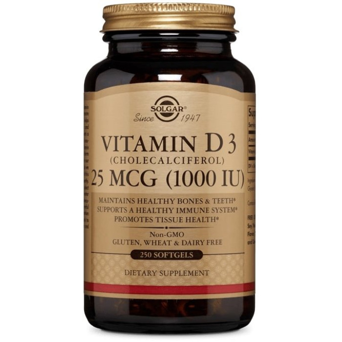 Solgar Natural Vitamin D3 (Cholecalciferol) 1000 IU (Солгар Натуральный витамин D3 (холекальциферол)),25 mcg 250 капсул