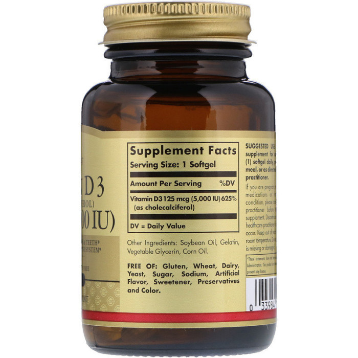 Solgar Natural Vitamin D3 (Cholecalciferol) 1000 IU (Солгар Натуральный витамин D3 (холекальциферол)),25 mcg 100 капсул