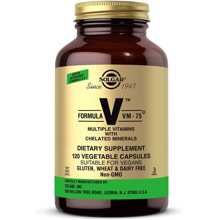 Solgar Formula V VM-75 Multiple Vitamins with Chelated Minerals (Солгар формула VM-75 Мультивітаміни та мінерали), 120 веганских капсул