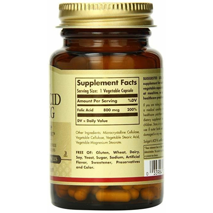 Solgar Folic Acid , 800 mcg (Солгар Фолиевая кислота), 100 веганских капсул