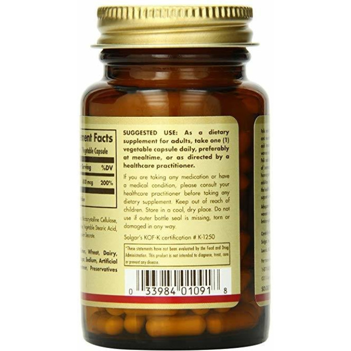 Solgar Folic Acid , 800 mcg (Солгар Фолиевая кислота), 100 веганских капсул