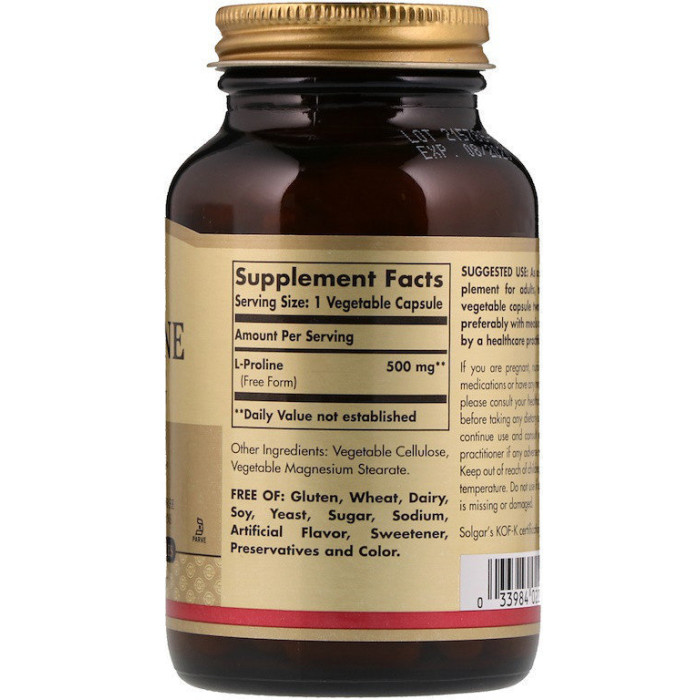 Solgar L-Proline 500 mg (Солгар L-Пролін), 100 веганських капсул