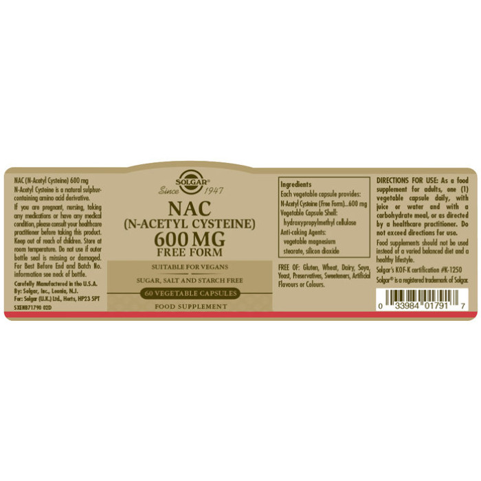 Solgar NAC 600 mg (Солгар N-ацетилцистеин), 60 веганских капсул