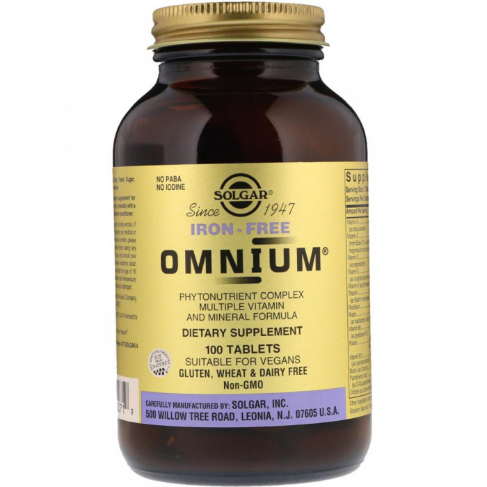 Solgar Omnium Multiple Vitamin and Mineral Formula Iron-Free (Солгар Омниум Витаминно-минеральный комплекс без железа) 100 таблеток