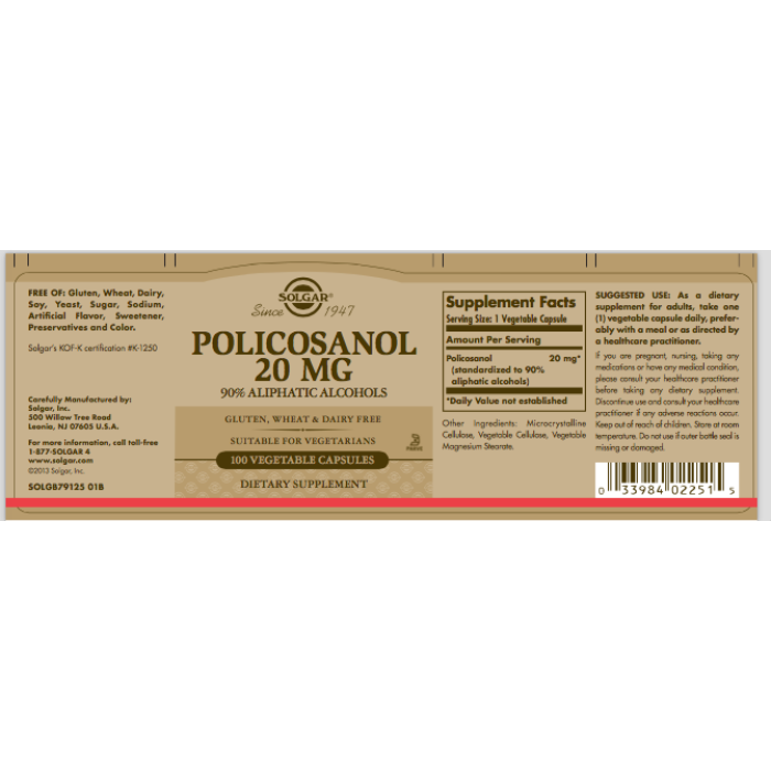 Solgar Policosanol 20 mg (Солгар Полікозанол), 100 веганських капсул