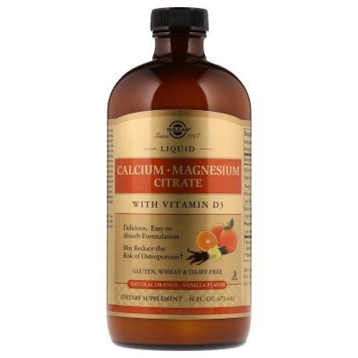 Solgar Liquid Calcium Magnesium Citrate with Vitamin D3 Natural Orange Vanilla 16 fl oz (Рідкий кальцій цитрат магнію + Вітамін D3) (473 ml)