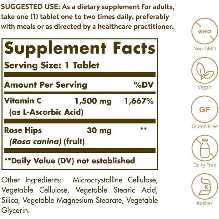 Solgar Vitamin C With Rose Hips 1500 mg (Солгар Вітамін С з шиппшиною), 180 таблеток